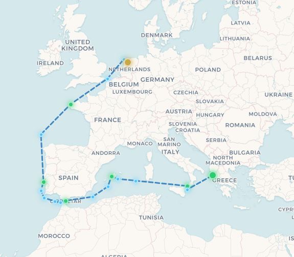 Carte du trajet Hindeloopen → Corfou